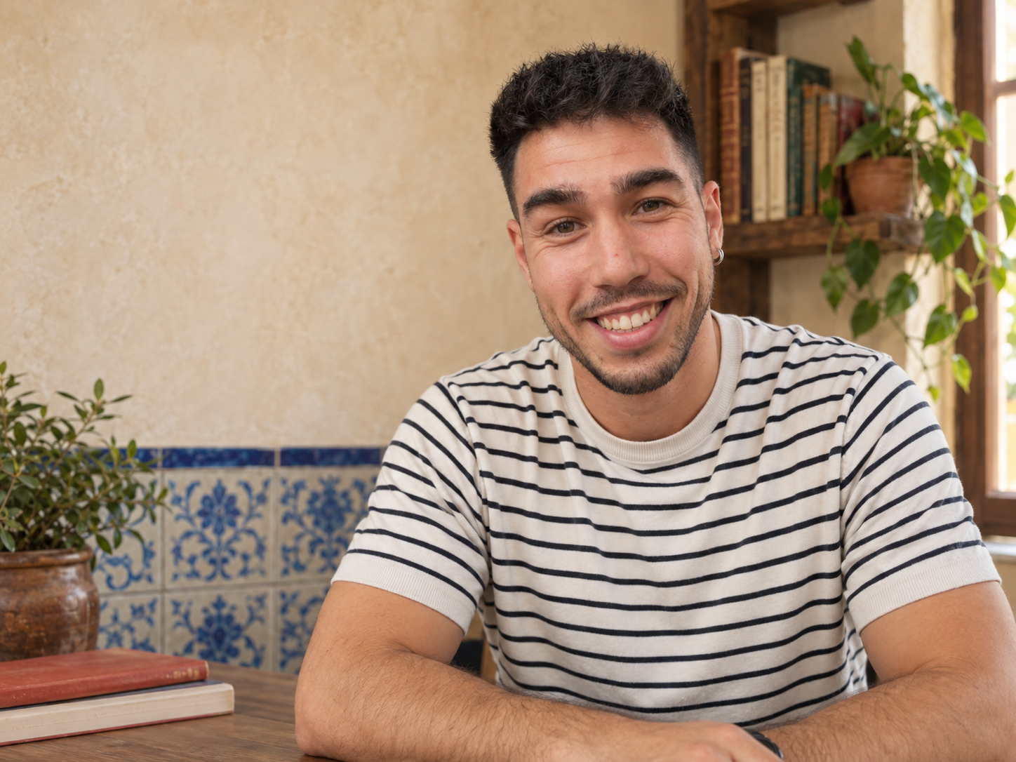 Fran, fundador de La Plaza, sonriendo en la escuela